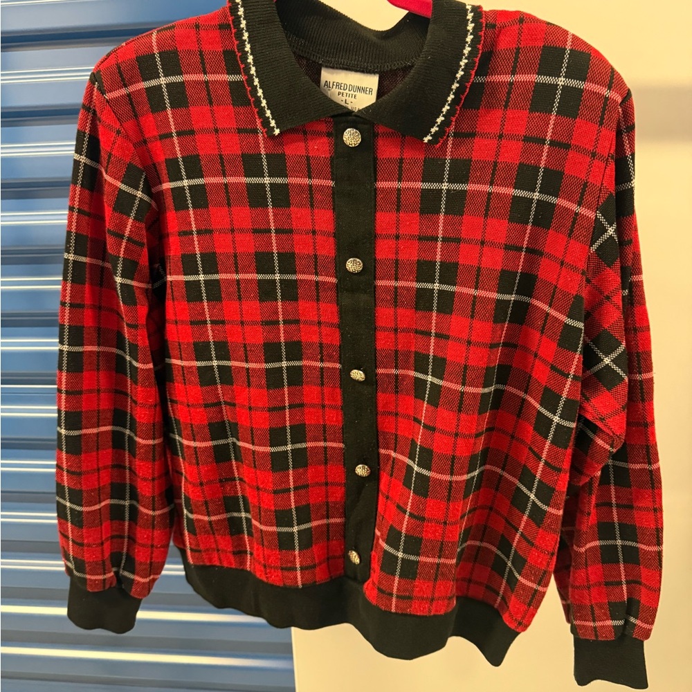 Alfred Dunner Red and Black Plaid Cardigan